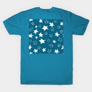 Holiday christmas watercolor white stars over blue peacock background T-Shirt